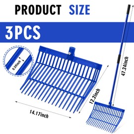 Lasnten 3 Sets Manure Fork with Long Metal Handle Pitch Fork Manure Rake Heavy Duty Muck Rake for Gardening Horse Stall Stable Grass Hay Cleaning Farm Work (Blue)