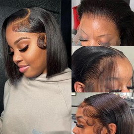 10 Inch Short Bob Human Hair Wigs Natural Color Pre Plucked 180% Density Black Bob Glueless Wig Human Hair Free Part Natural Black Lace Front Wigs Human Hair 13x4 HD Bob Frontal Lace Straight Wig