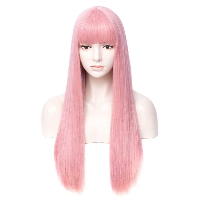 netgo Women's Pink Long Straight Wigs 27 inch Heat Resistant Synthetic Cosplay Party Wigs With Bangs for Girl