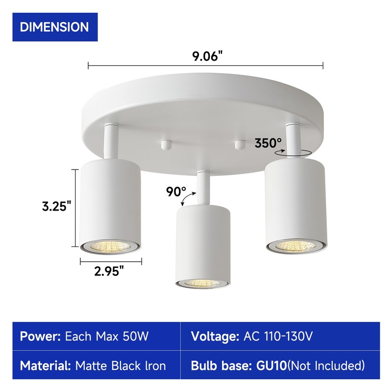 EGM 3 Light Track Lighting, White Round Track Lighting Fixtures,