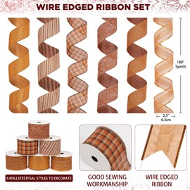 Oairse 6 Rolls 6.3cm Christmas Ribbon 30 Yards Bronze Christmas Ribbons for Crafting Christmas Tree Ribbon with Metallic Wired for DIY Crafts Wreath Garland Big Bow Crafts Decorations