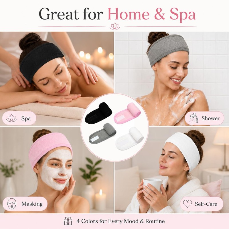 4 Pcs Terry Cloth Facial Headband for Women - Adjustable