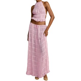 Women 2 Piece Maxi Skirt Set Sleeveless Halter Lace Up Backless Tank Top Tiered Ruffle Flowy Long Skirt Y2k Summer Outfits Beachwear (Pink, XL)