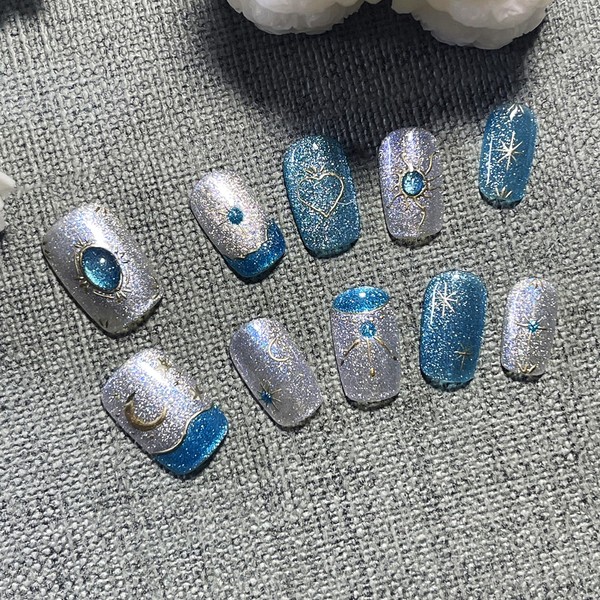 Handmade Press-On Nails French Tip Press-On Nails Handcrafted Blue Galaxy