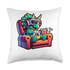 Gamer Triceratops Popcorn Gaming Chair Headphones Games Throw Pillow