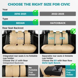 FEINEPRO Seat Covers for Honda Civic Sedan EX-L, EX-T, EX, Touring, LX-P, Sport 2016 2017 2018 2019 2020 2021, Faux Leather Car Seats Cover Full Set(Rear Row 40/60 Split & Folding Backrest)-Beige