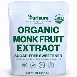 Purisure Endulzante Orgánico de Fruta del Monje, 125g, 400 Porciones, Extracto Puro Orgánico de Fruta del Monje sin Rellenos ni Regusto, Cero Calorías y Cero Carbohidratos, Compatible con Dietas Keto y Paleo