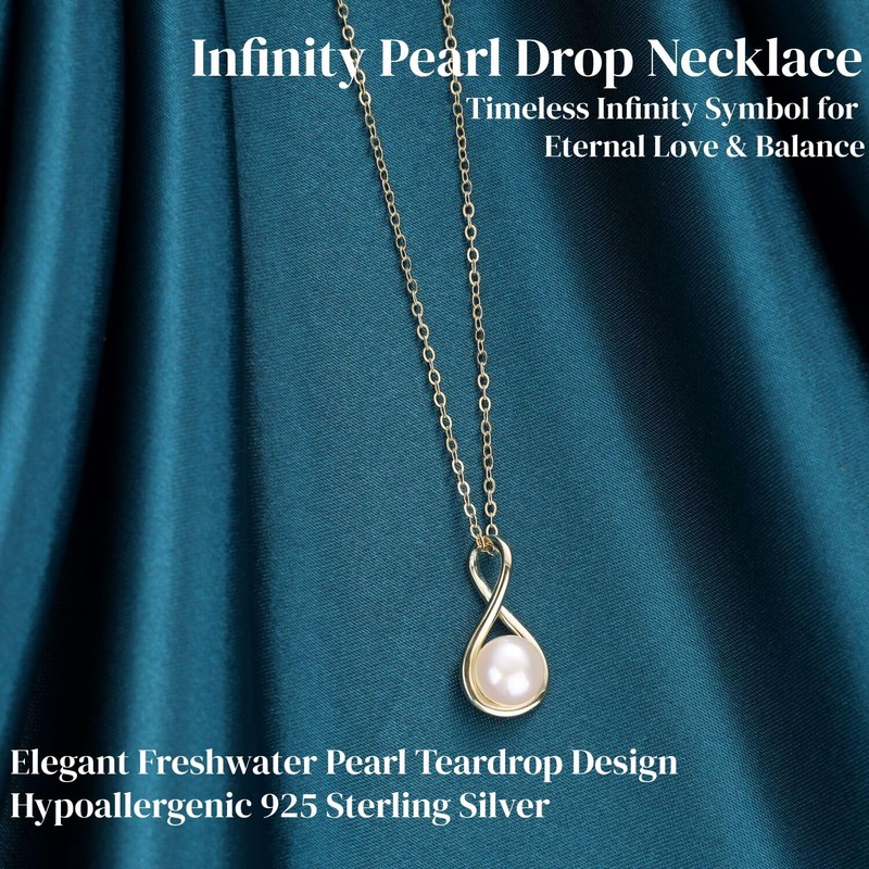GAVU 14K Gold Plated Infinity Necklace for Women, Pearl Drop