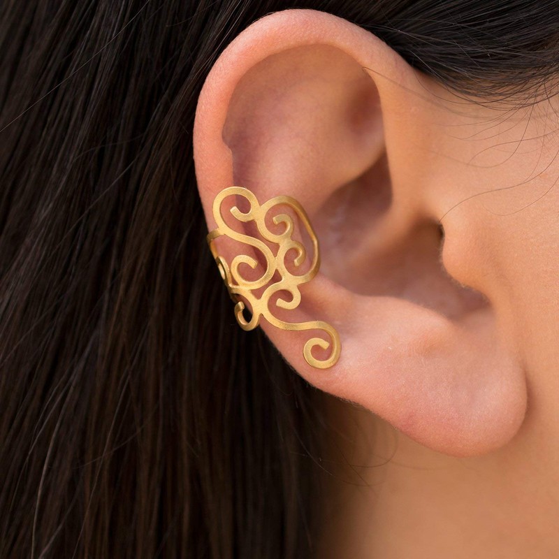 Left Gold-Plated Sterling Silver Spiral Ear Cuff Earring, Greek Ear