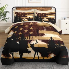 WeCozy 7 Pcs King Size Comforter Set with 2 Pillowcases & 2 Shams, Animal Hunting Deer Cow Print Bedding for Kids and Adults, Retro American Flag Bed in a Bag with Flat Fitted Sheet