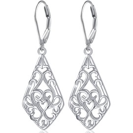 Kite Shaped Geometric Filigree Dangle Drop Leverback Earrings Sterling Silver Dangling Dangly Jewelry for Women