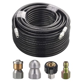 M MINGLE 150 Feet Sewer Jetter Kit for Pressure Washer, 1/4 Inch NPT, Drain Cleaning Hose, Button Nose and Rotating Sewer Jetting Nozzle, Orifice 4.0, 4.5, 4000 PSI
