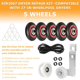 4392067 Dryer Repair Roller Kit (5 Wheels) -Repair Squealing Maytag/Duet whirlpool/whirlpool Cabrio &Kenmore Elite Dryers-with WPW10314173 Drum Roller,661570v Dryer Belt,279640 Idler Pulley