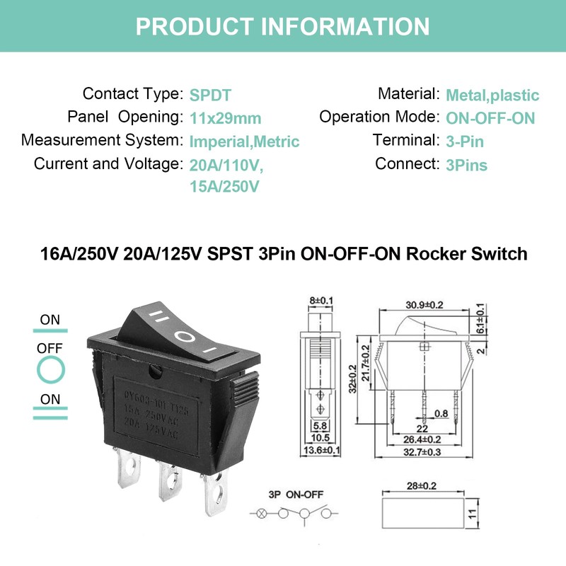 QTEATAK 5Pcs SPDT 3 Pins 3 Position ON/Off/ON Toggle Rocker