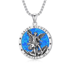 Seiyang Opal St Michael Necklace for Men 925 Sterling Silver Round Saint Archangel Michael Medal Medallion Protection Jewelry