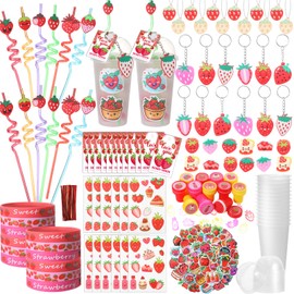Landical 213 Pcs Strawberry Party Favors Includes Gift Cup Straws Bracelets Stickers Temporary Tattoos Keychain Rings Stampers Pendant Cards for Baby Shower Strawberry Theme 1st Birthday Decorations