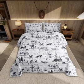 Feelyou Western Comforter Set King Size, White and Black Cowboy Cow Bedding Set Cowboy Comforter Desert Cactus Duvet Set Soft Bed Set 3Pcs