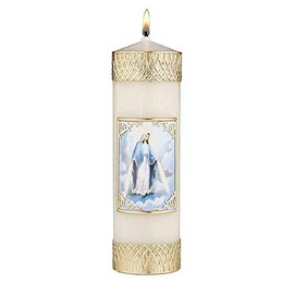 CB Church Supply - Velas devocionales decoradas a mano con imagen enmarcada de cera dorada Will & Baumer - Vela de oración familiar, 8 pulgadas, Lady of Grace