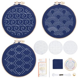 FREEBLOSS 3 Set Sashiko Kit Sashiko Embroidery Kit Beginner Embroidery Kit includes Embroidery Thread, Needles, Fabric and Hoop Hand Sewing Kit with PET Template