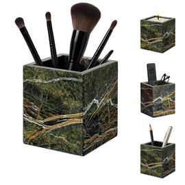PROLEE Marble Toothbrush Holders for Bathroom,Natural Marble Pen Holder and Makeup Brush Holder,Rainforest Green Stone Square Container for Remote Controls,Candles and Bathroom Countertop Organizer