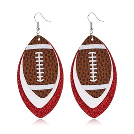 CHUNYANAN Unique Fashion Sequined Leather Football Dangle Drop Earrings for Women Sparkly Charm Tassel Football Earrings Jewelry Gift (Brown White Red 3 earrings)