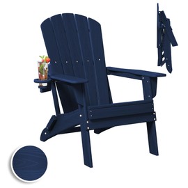 Plawdlik Plawdlik Folding Adirondack Chair, SGS Tested, Wooden Textured with Cup Holder, Heavy All-Weather HDPE Comfortable Set Poolside Backyard Lawn Navy Blue