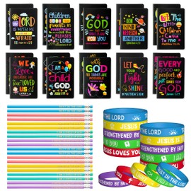 60Pcs Christian Bible Gifts for Kids Bulk Religious Notepads Pencils Silicone Bracelet Bible Verse Mini Notebook Wristband Pencil Kit Daily Prayer Faith Journal Set for School Office Home Supplies