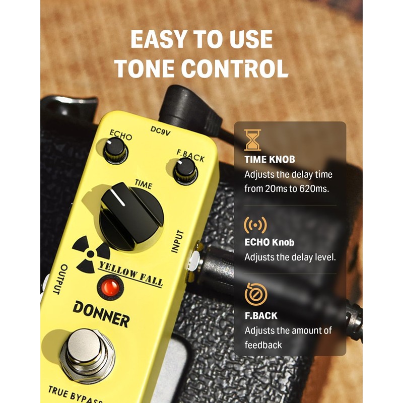 Donner Guitar Delay Pedal for Pedal Boards, Electric Guitar, Yellow