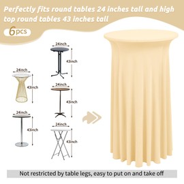 YJYQHYX 6 Packs Round Cocktail Table Skirt 24"x 43" Spandex Stretch Cocktail Table Cloths with Wavy Skirt, Spandex Fitted High Top Table Covers for Wedding Party Birthday Banquet Table (Champagne)