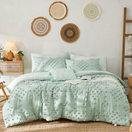 Geniospin Sage Green Full Comforter Set 8 Pieces, Bed in a Bag Queen with Comforters, Sheets, Pillowcases & Shams, Boho Pom Design, All Season Down Alternative Bedding Sets (Full, 80x90 Inches)