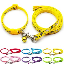 Doggie Style Store Small Dog Puppy Pet Collar and Lead Set Scotty Dogprint Design Nylon Adjustable Size 19-32cm Collar with Bell and 120cm Leash Yellow