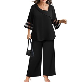 AOVDE Plus Size Pant Suits 2 Piece Casual Dressy Pantsuits Mesh Panel Bell Sleeve Outfits for Women Evening Dinner Party 22 Black