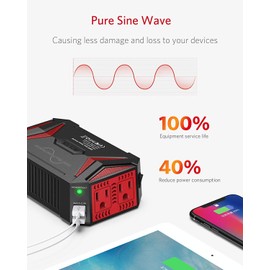 BESTEK Pure Sine Wave Power Inverter - 300W Car Plug in Charger Outlet DC 12V to 110V AC - Cigarette Lighter Adapter with 4.8A Dual USB Fast Charging Ports for Laptop - Aluminum Housing - Black