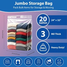 20 Gallon Jumbo Storage Bags, Pack of 3, Clear Plastic Storage Bag with Carry Handle, 24 x 32 Heavy Duty Ziplock Storage Bag Resealable Large Zipper Bag for Moving, Bedding and Travel, 4 Mil Thick