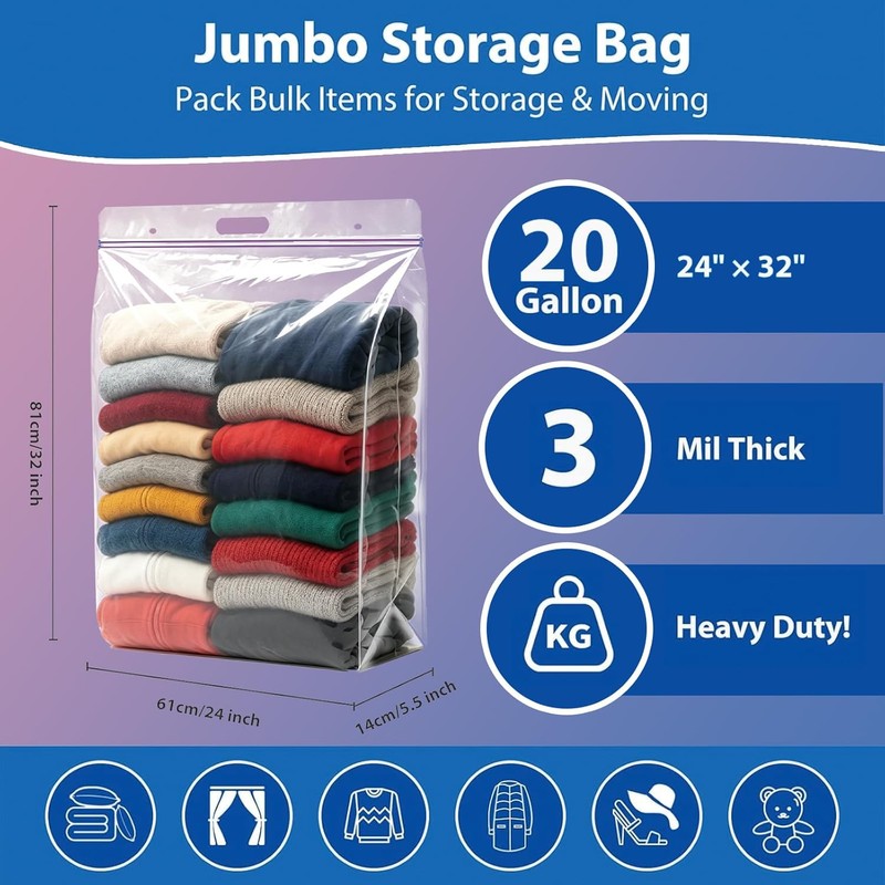 20 Gallon Jumbo Storage Bags, Pack of 3, Clear Plastic