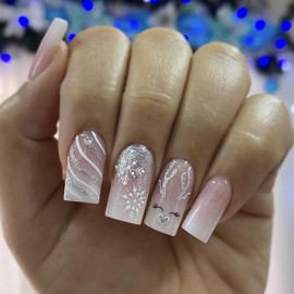 24Pcs Christmas Press on Nails Medium Artificial Square Acrylic False Nails Gradient Snowflake with Glitter Stick on Nail Winter Full Cover Fake Nail Reusable Coffin Artificial Fingernails for Women
