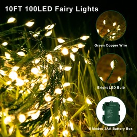 2Pack Outdoor Fairy Lights Battery Operated,10Feet 100LED Green Copper Wire Cluster Lights with 8 Modes and Timer,Twinkle String Lights, Mini Lights for Christmas Tree Wreath Wedding,Warm White