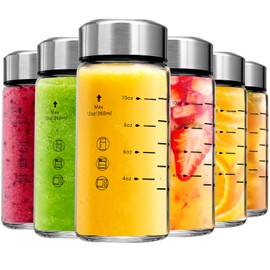 Glass Juice Bottles 6 Pack 12 oz - Wide Mouth Glass Water Bottles with Lids - Borosilicate,Stainless Steel Lids for Juicing, Smoothies, Infused Water, Beverage Storage, Leakproof, Reusable,BPA Free