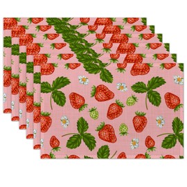 Strawberries and Leaves Placemats Set of 6 Washable Table Mats for Kitchen Dining Table,Heat-Resistant Place Mats for Indoor Outdoor Party Holiday Decoration