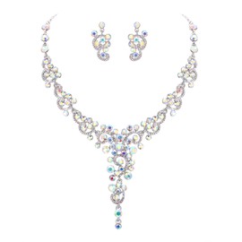 EVER FAITH Women's Rhinestone Crystal Art Deco Floral Wave Drop Banquet Prom Necklace Earrings Set Iridescent AB Silver-Tone