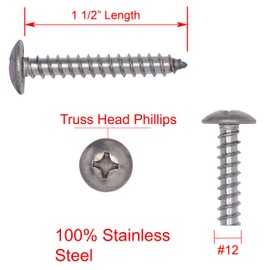 No. 12 x 1-1/2" Stainless Truss Head Phillips Wood Screw, (25 pc), 18-8 (304) Stainless Steel Sheet Metal Screws, Type A Point, Plain Finish by Bolt Dropper