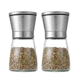 2 Pack Refillable Manual Salt and Pepper Grinder Set, 6oz Glass Spice Mill