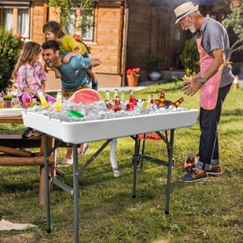 HEPINGONHE 4 Foot Folding Party Ice Cooler Table w/Matching Skirt & Drain Plug, Portable Tailgate Camp Fishing Cleaning Table, Cooler Server for Party, Camping, Picnic, BBQ