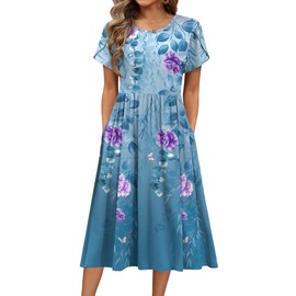HOTOUCH Casual Dress for Women, Blue Purple Floral, Size Large, Adult Women, Summer, Below Knee-Length, A-Line Style, Short Sleeve, Patterned, Polyester Blend, Machine Wash