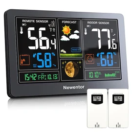 Newentor Weather Station Wireless Indoor Outdoor Thermometer 2 Remote Sensors, Color Weather Thermometer with Temperature Humidity and Barometer, Forecast Station with Adjustable Backlight, Black