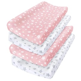 Moonsea Changing Pad Cover Soft Unisex Diaper Change Table Sheets 2 or 4 Pack Multicolor - Pink & White (4 Pack)