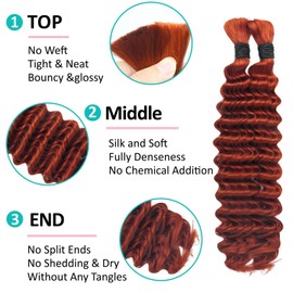 Boho Hair for Braiding 16 Inch Ginger #350 Human Braiding Hair for Boho Braids Human Curly Hair for Boho Knotless Braids 2 Bundles 100g Deep Wave Bulk Human Hair for Braiding (Ginger #350, 16 Inch)