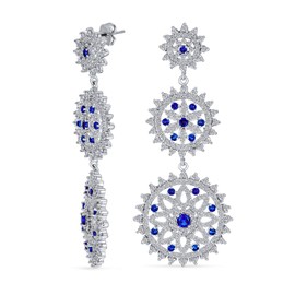 Large Blue and White Circle Disc CZ Indian Style Chandelier Earrings For Women Cubic Zirconia Silver Plated Brass