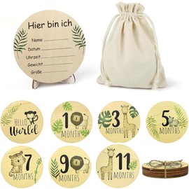 BCHKO Milestone Cards Baby Wooden 7 Milestones Natural Basswood for Memory as a Gift for Birth Baby Shower for Pregnant Mothers and Parents (Coloured Animals)