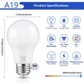 Maylaywood A19 LED Light Bulbs, 60 Watt Equivalent, 6000K Cool White, 850LM, Non-Dimmable, E26 Base, 9W Bright White LED Bulbs, 4-Pack